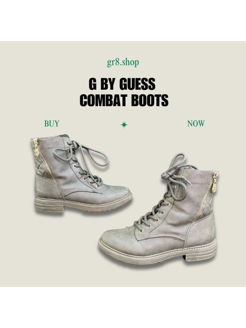 GBG Women's Size 6M Gray Combat Boots With Quilted Back Side Zipper & Lace-Up